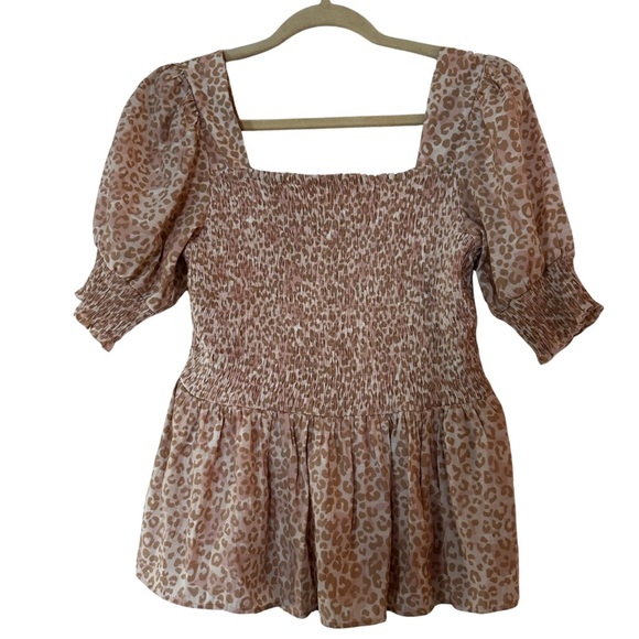 Nine West Puff Sleeve Smocked Peplum Top Leopard Print Beige/Pink Medium - Picture 1 of 15